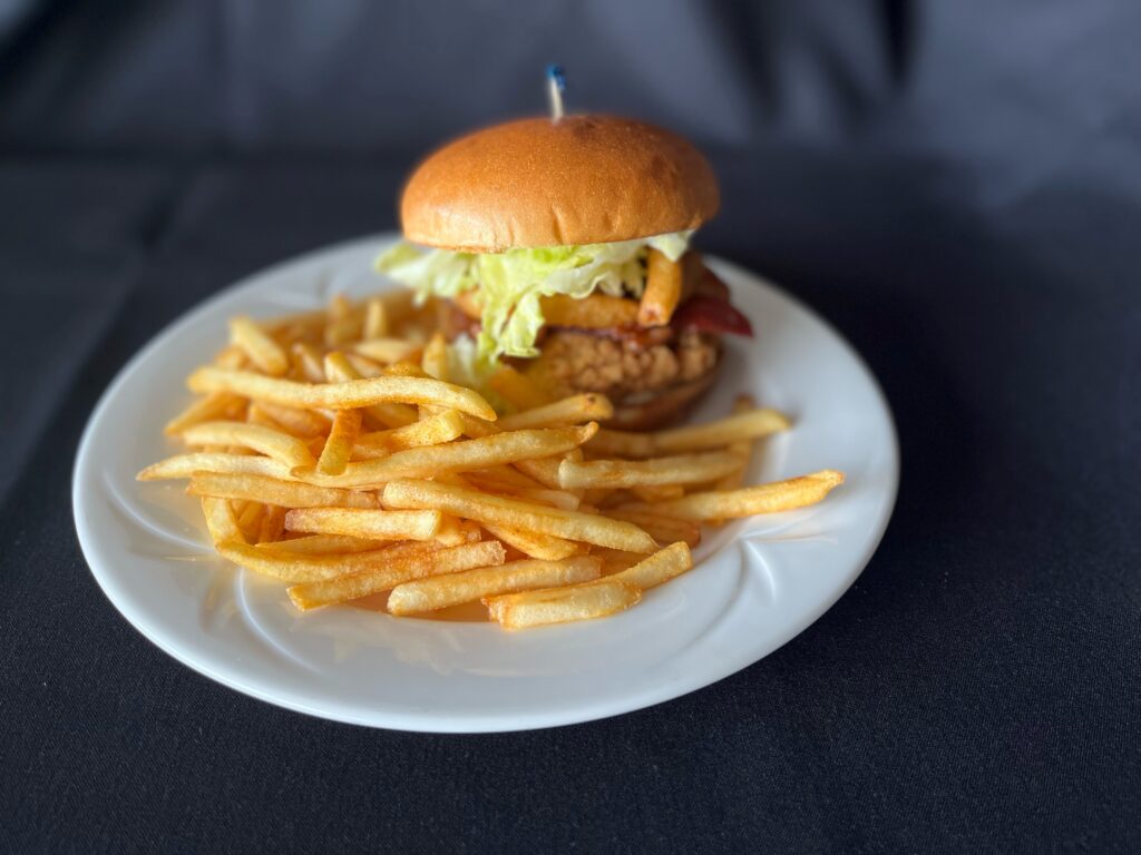 Crispy chicken burger with fries