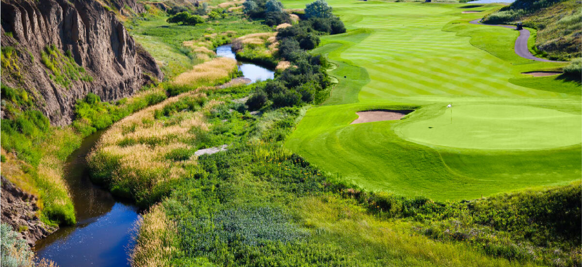 Aerial view of a golf hole at desert blume golf course including a green, fairway, bush and creek